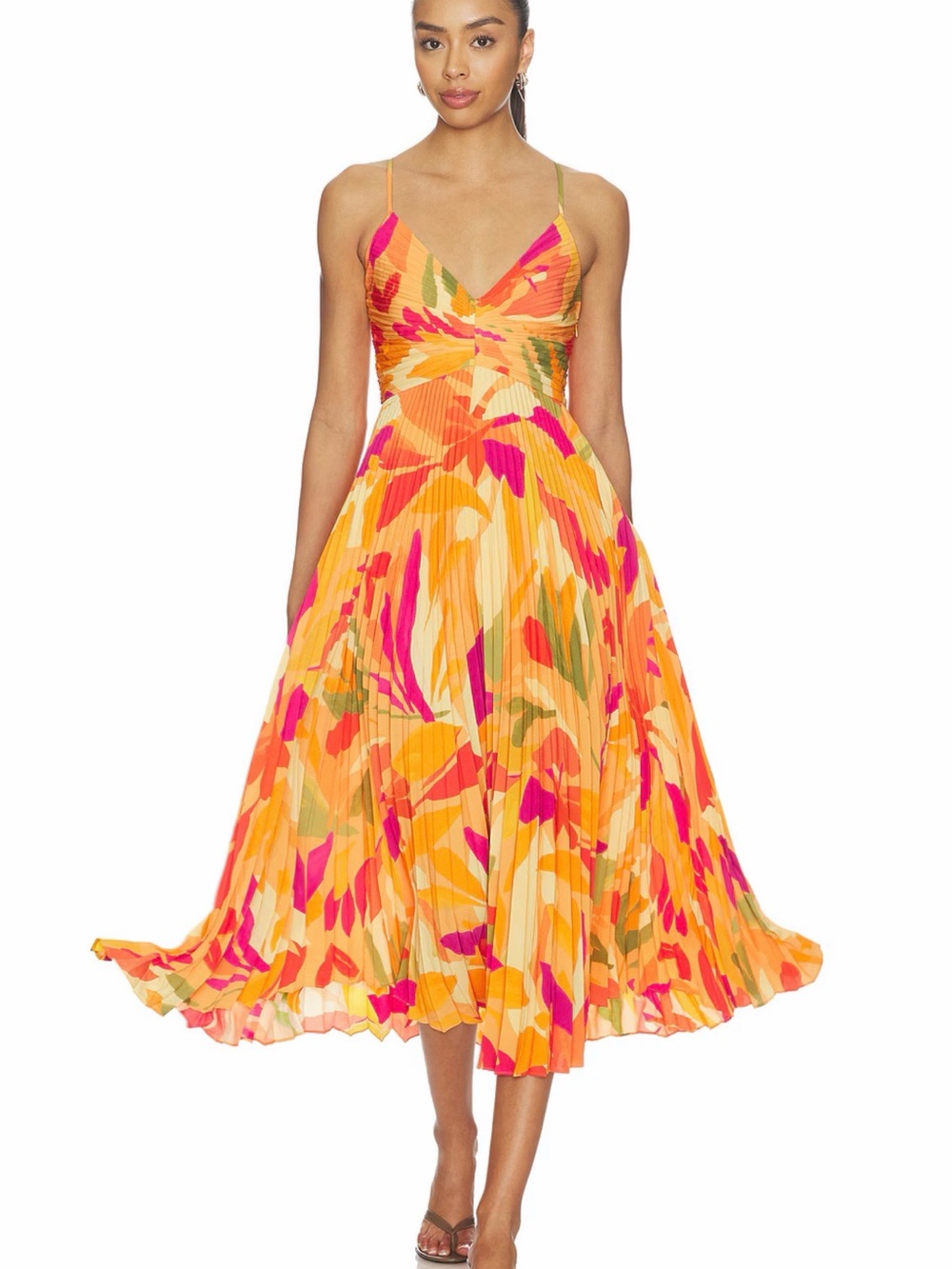 ASTR Floral Pleated Midi Dress in Orange, Pink & Green